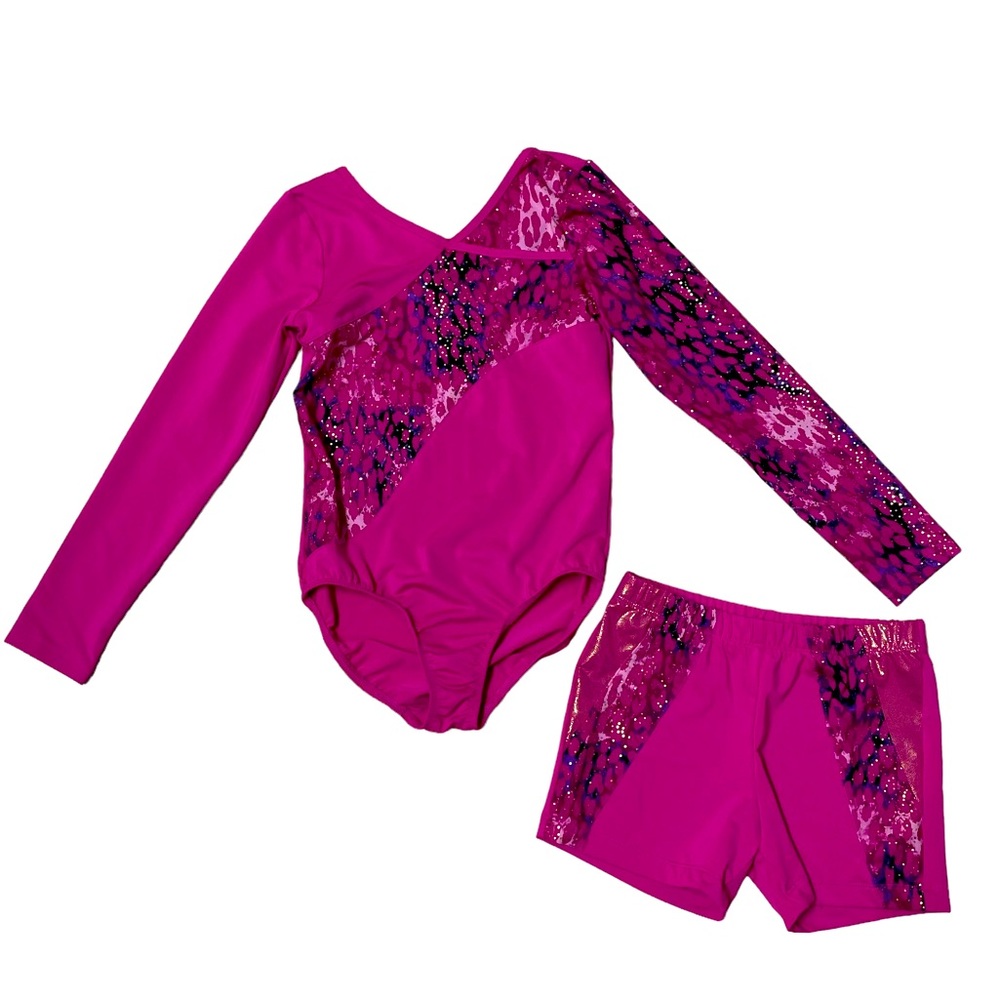 Danskin Now Hot Pink Animal Print Long Sleeve Gymnastics Leotard Shorts Set 7/8